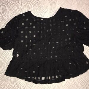 BCBGeneration Black Sheer Grid Lace Short Sleeve Top